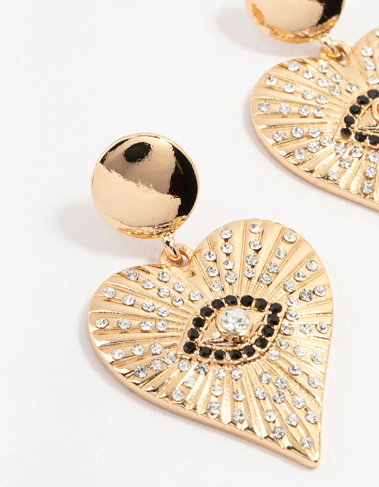 Gold & Black Etched Evil Eye Heart Drop Earrings - Image 2