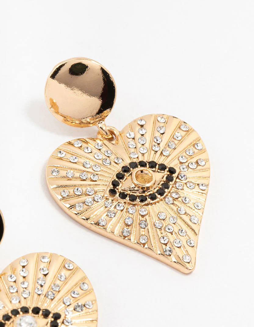 Gold & Black Etched Evil Eye Heart Drop Earrings - Image 3