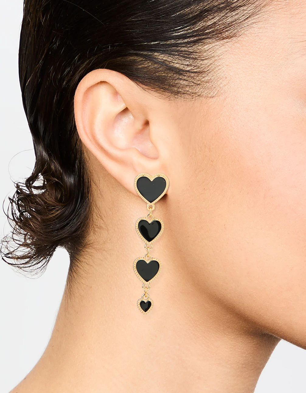 Gold Black Heart Tiered Drop Earrings - Image 2