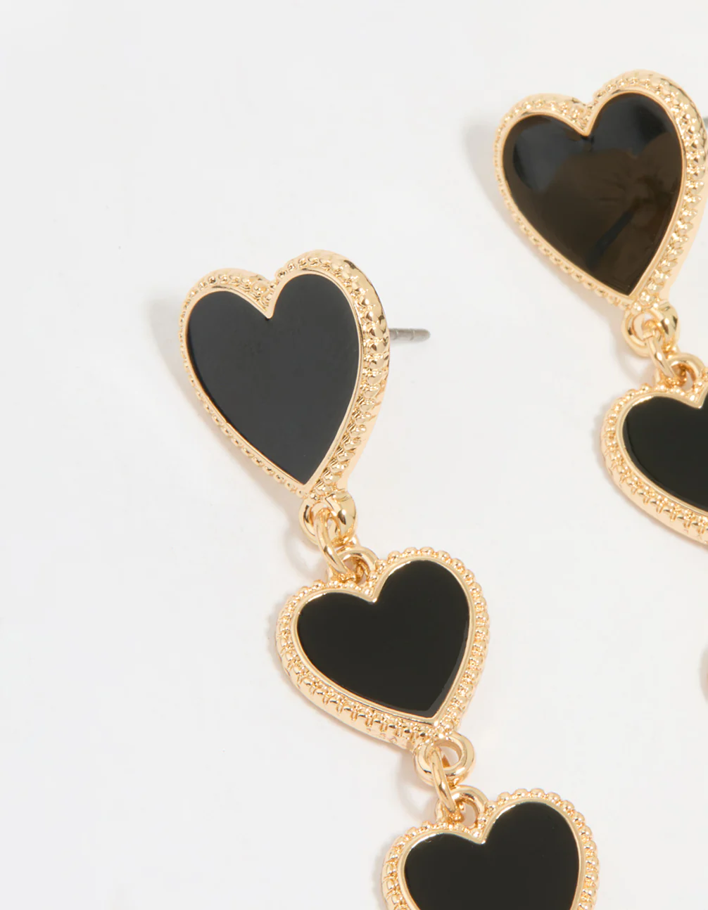 Gold Black Heart Tiered Drop Earrings - Image 4