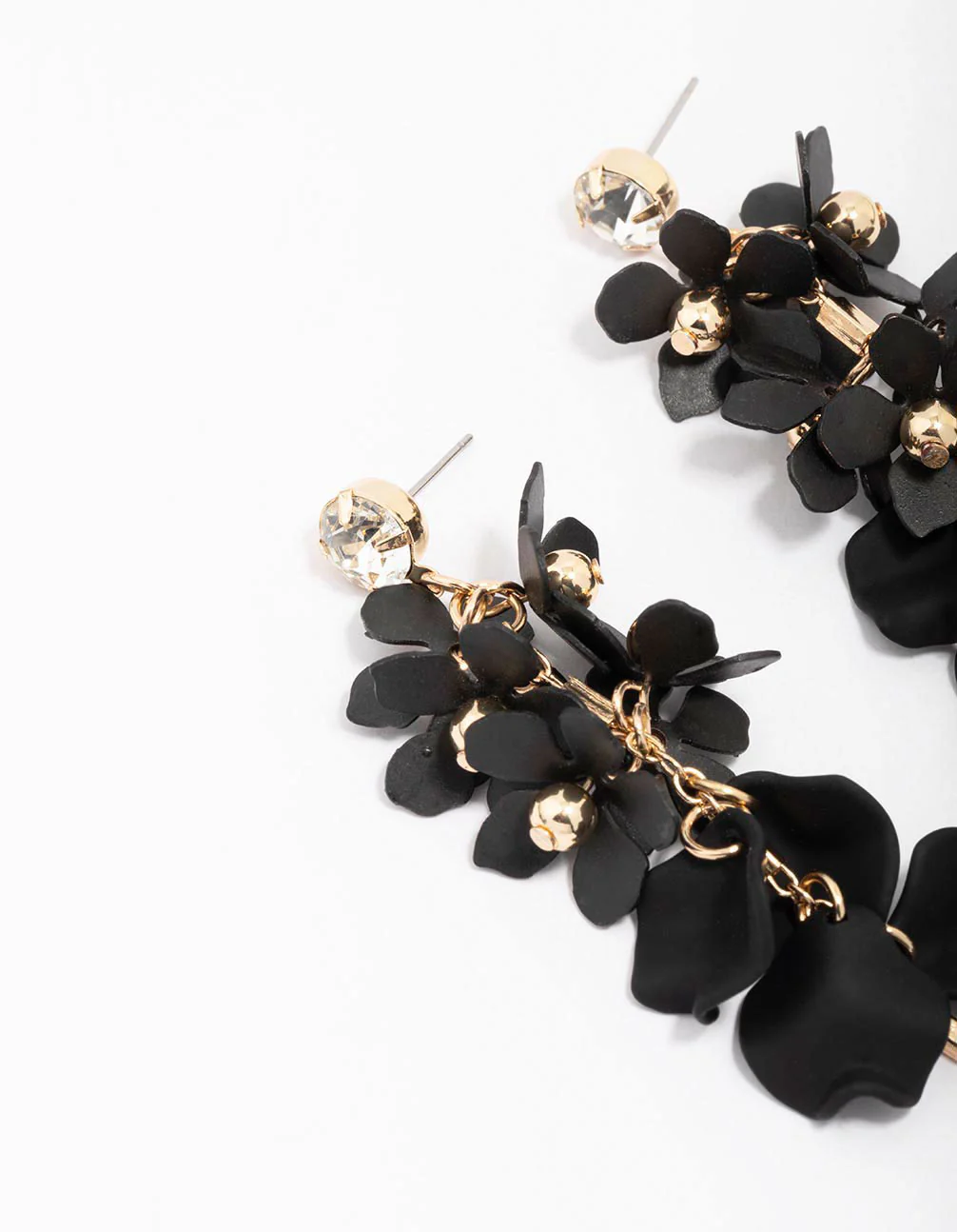 Gold & Black Petal Diamante Chain Drop Earrings - Image 2
