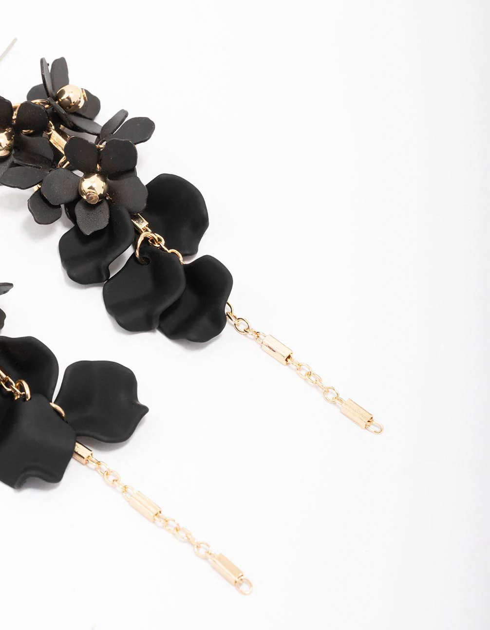 Gold & Black Petal Diamante Chain Drop Earrings - Image 3