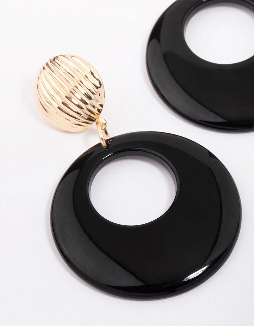 Gold & Black Ribbed Circular Drop Earrings - Image 2
