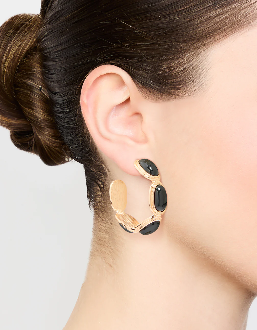 Gold Black Stone Hoop Earrings - Image 2