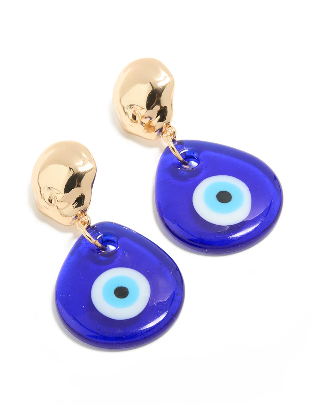Gold Blue Acrylic Evil Eye Drop Earrings - Image 2