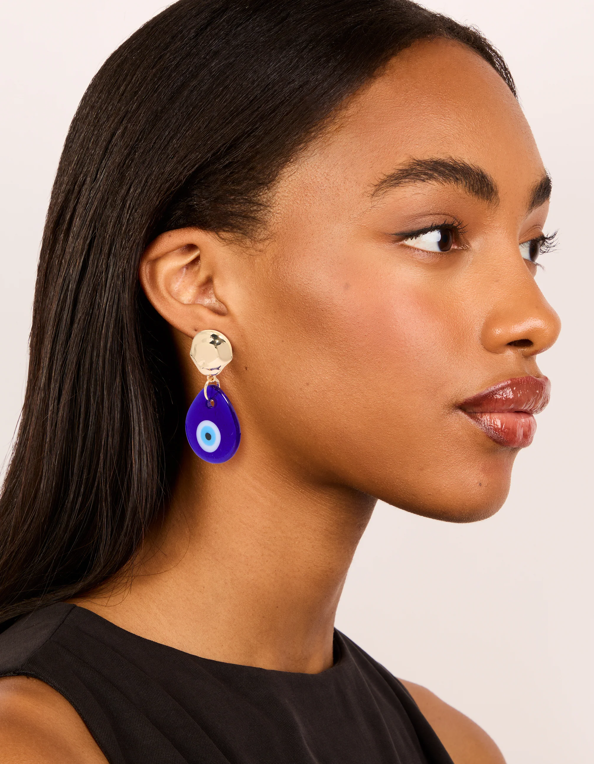 Gold Blue Acrylic Evil Eye Drop Earrings - Image 3