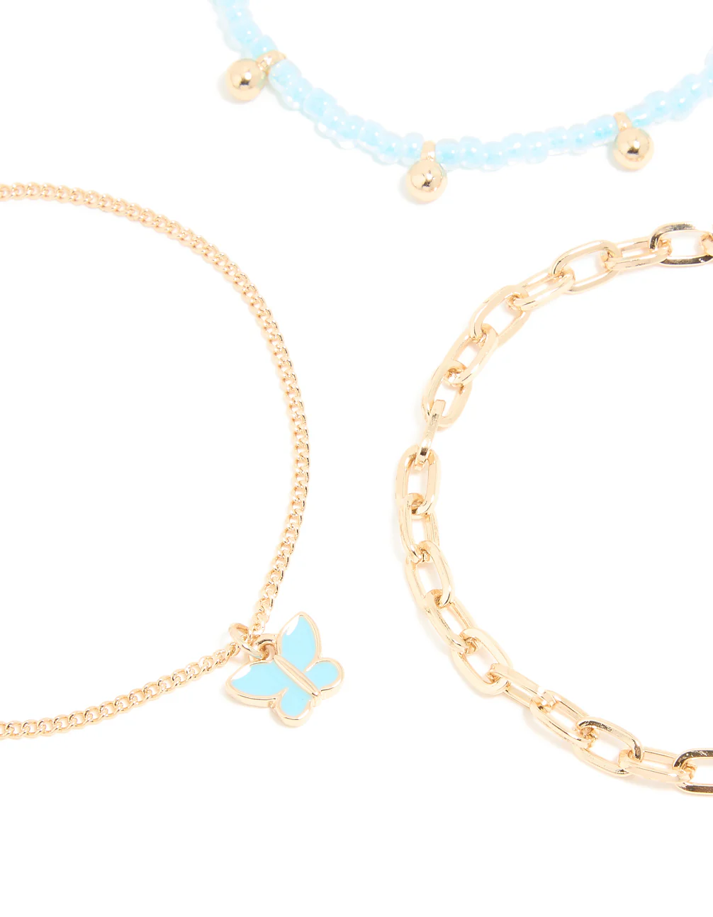 Gold Blue Beaded & Butterfly Charm Bracelets 3-Pack - Image 2