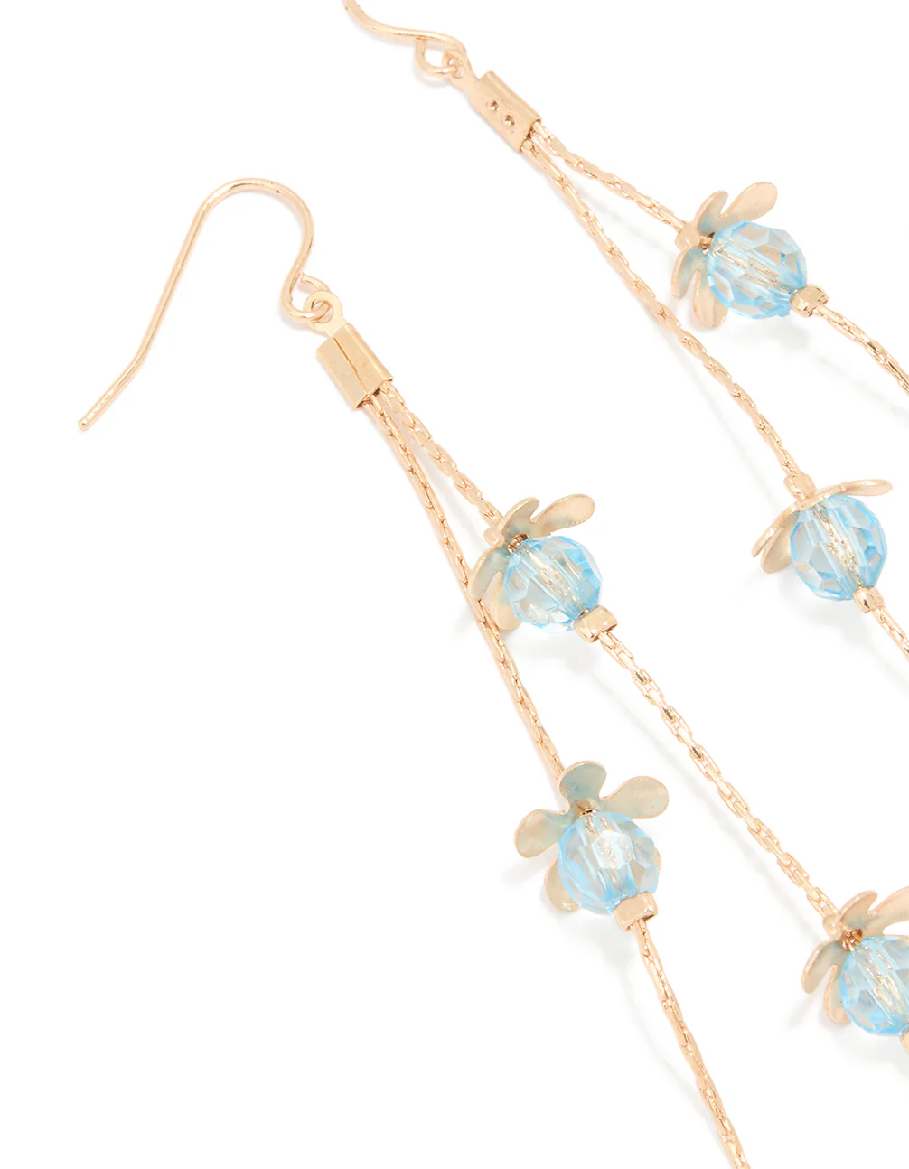 Gold Blue Beaded Flower Chain Drop Earrings - Image 2