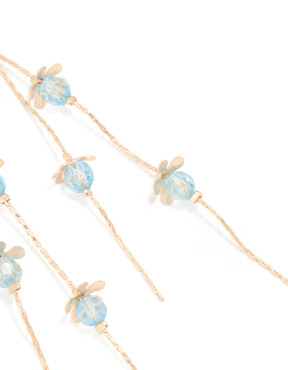 Gold Blue Beaded Flower Chain Drop Earrings - Image 3
