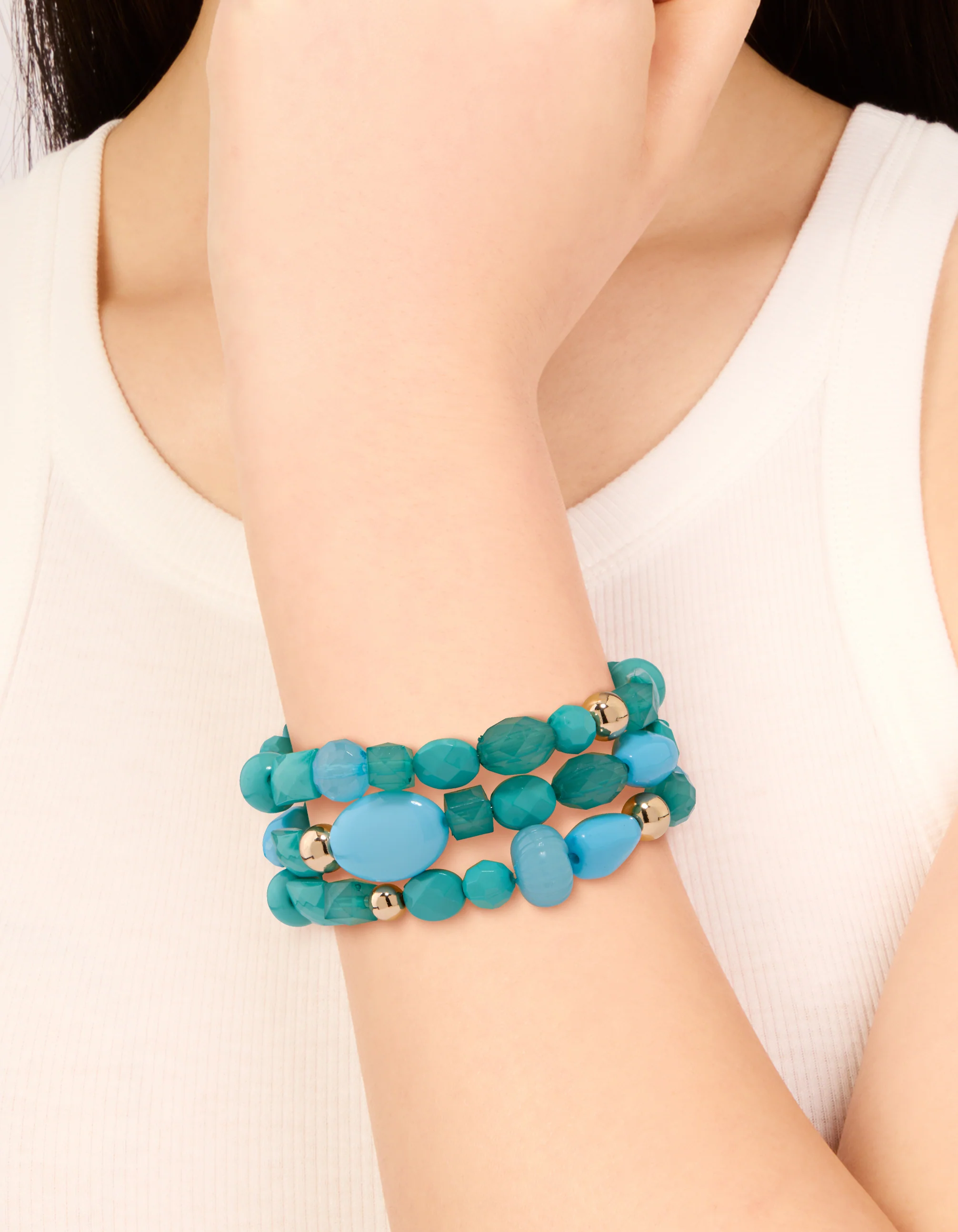 Gold Blue Beaded Stretch Bracelets 3-Pack - Image 2