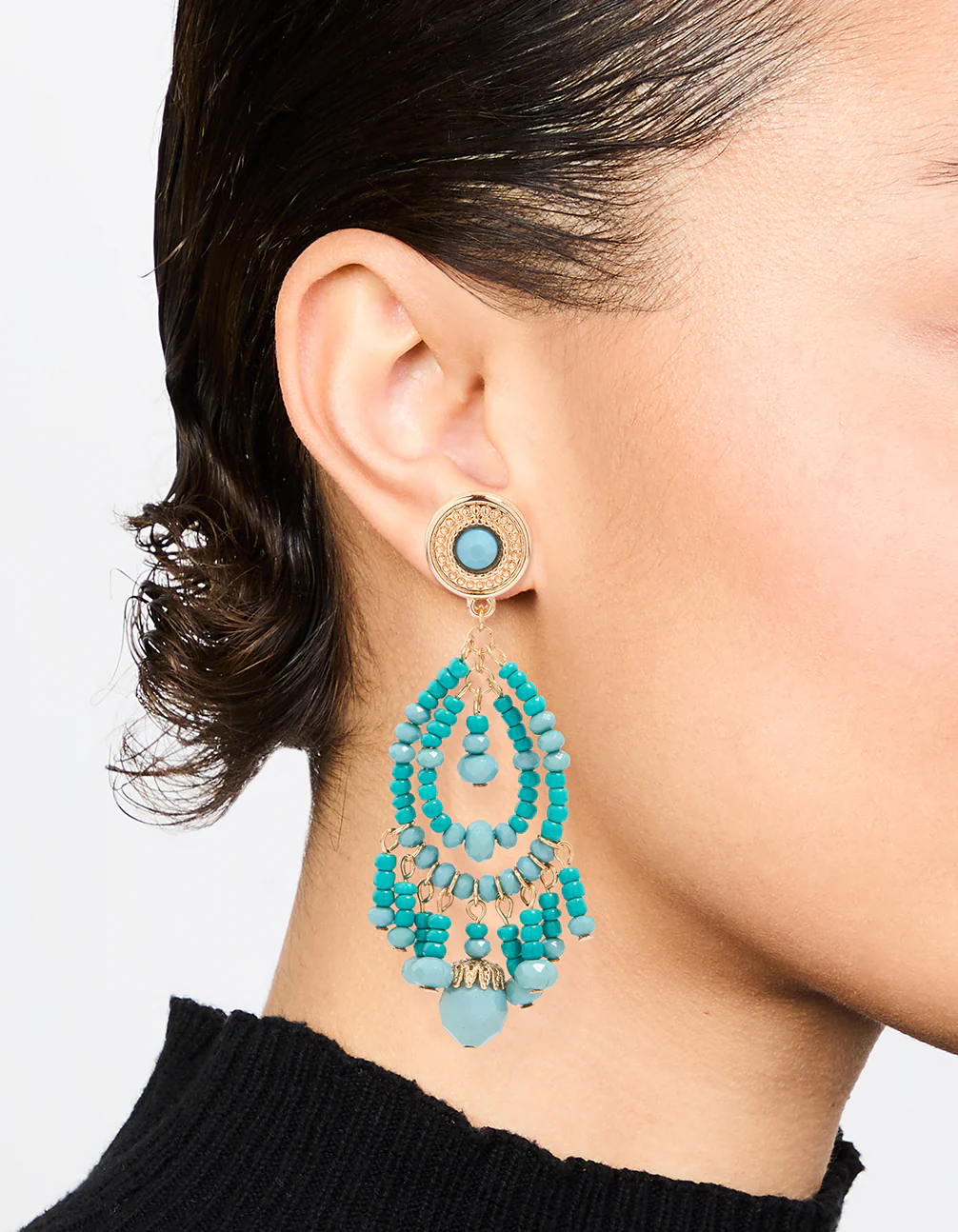 Gold Blue Beaded Teardrop Drop Earrings - Image 2