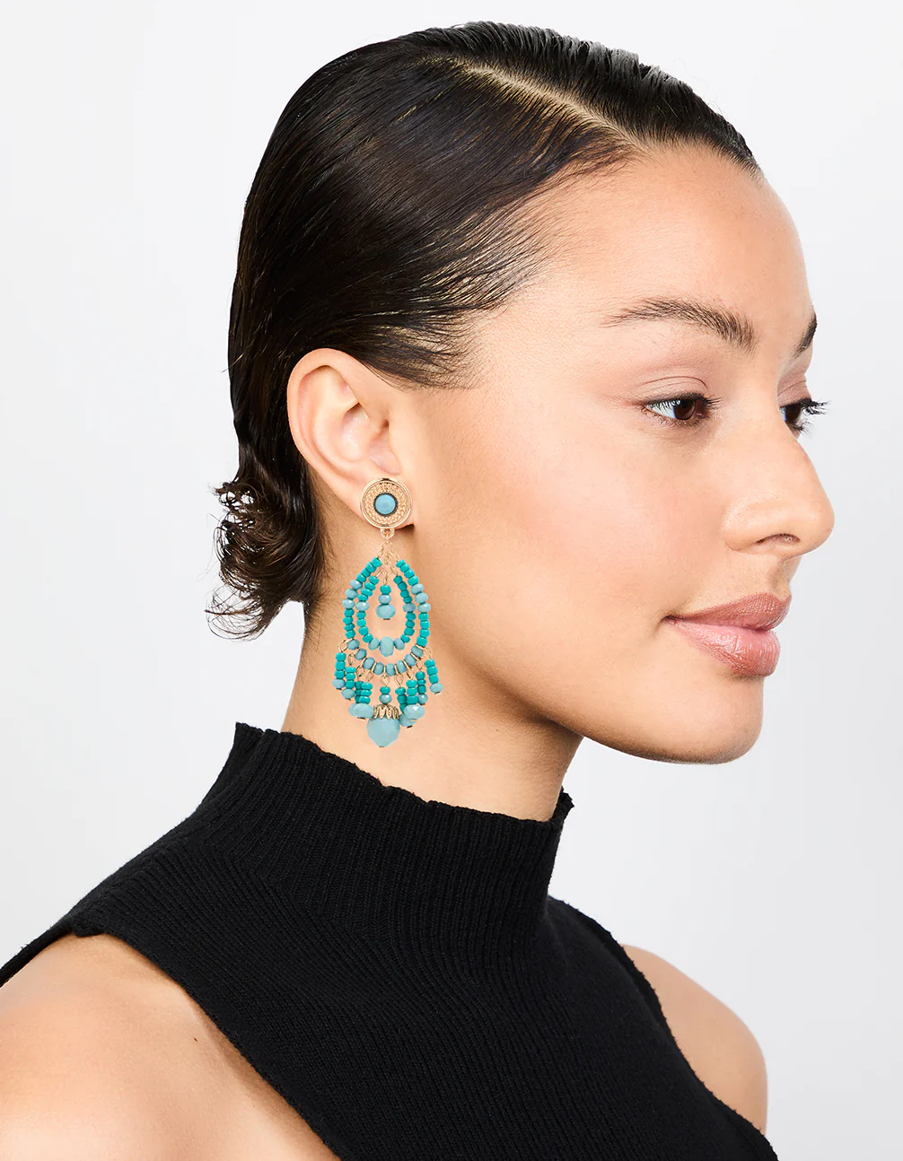 Gold Blue Beaded Teardrop Drop Earrings - Image 3