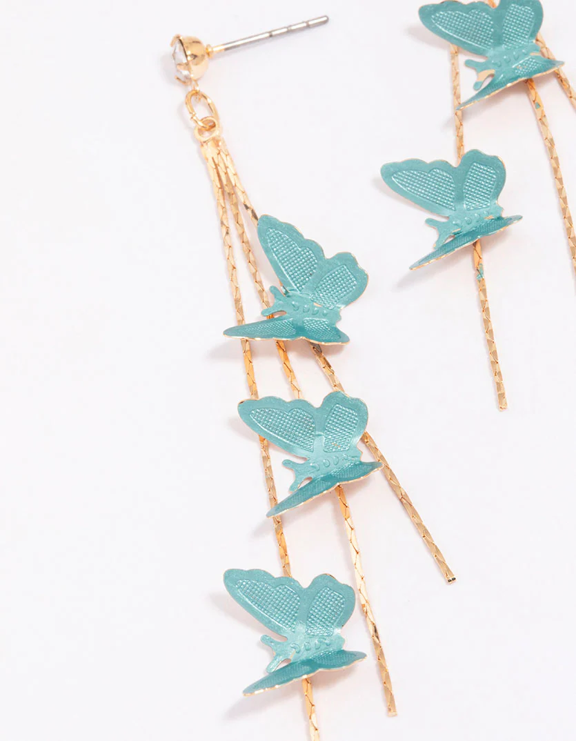 Gold & Blue Butterfly Drop Earrings - Image 2