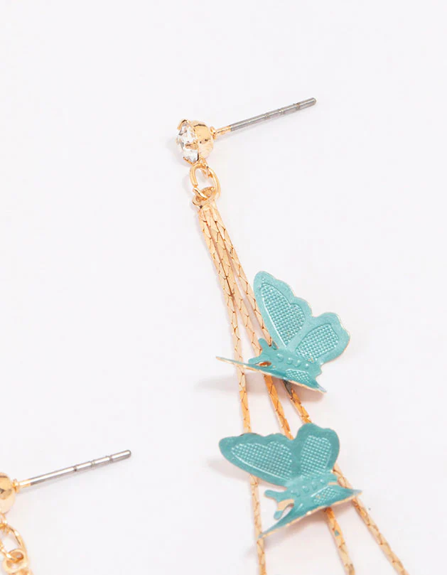 Gold & Blue Butterfly Drop Earrings - Image 3