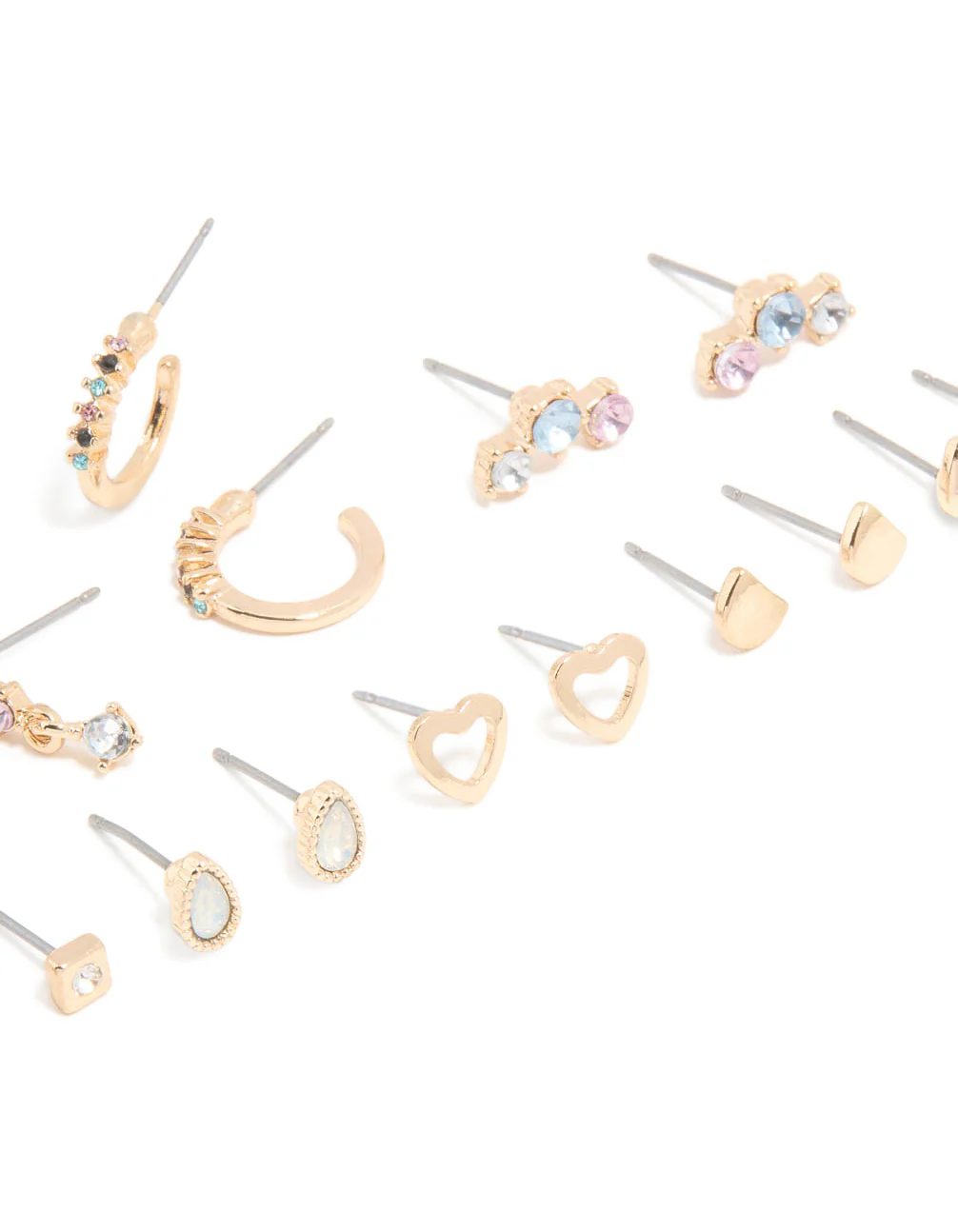 Gold Blue Clear & Pink Diamante Mixed Shape Stud Earrings 8-Pack - Image 2