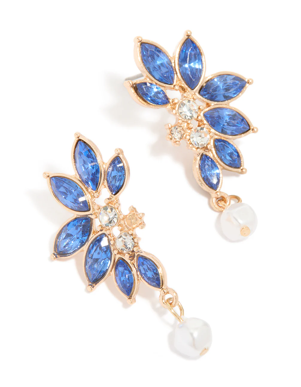 Gold Blue Diamante Pearl Marquise Stud Earrings - Image 2