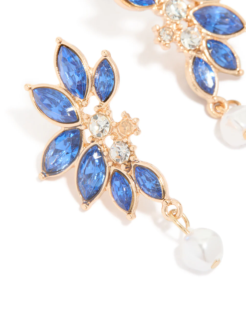 Gold Blue Diamante Pearl Marquise Stud Earrings - Image 3