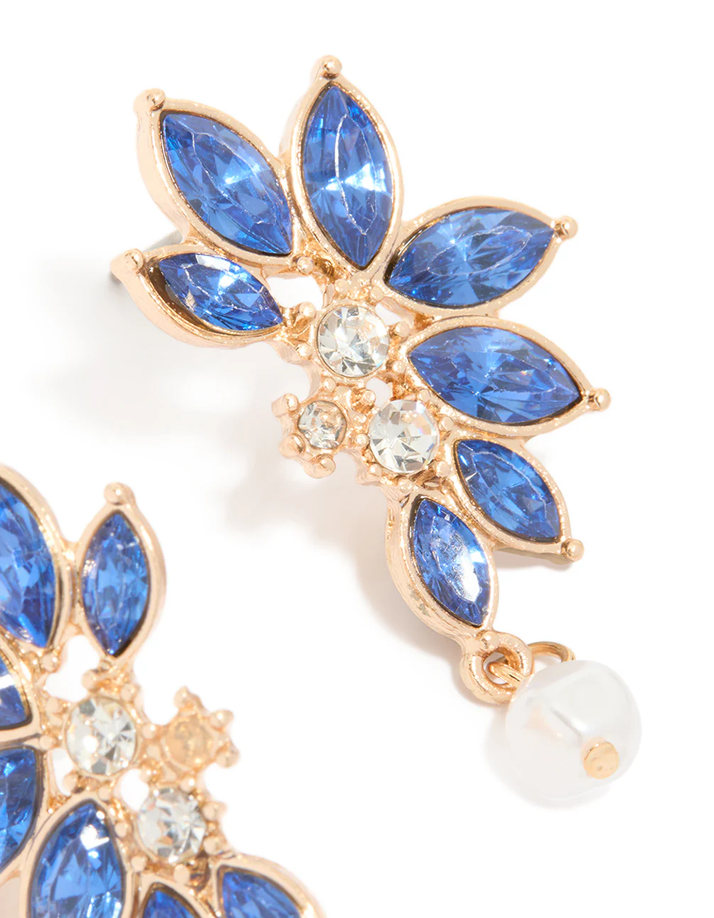 Gold Blue Diamante Pearl Marquise Stud Earrings - Image 4