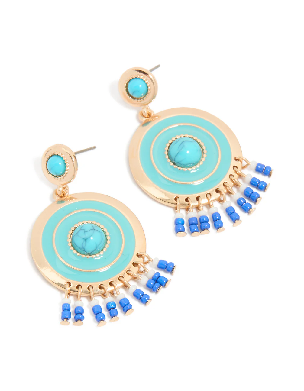 Gold Blue Enamel & Blue Beaded Round Drop Earrings - Image 2