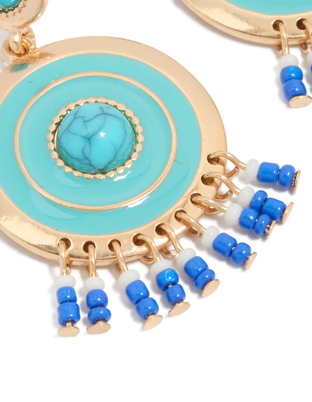Gold Blue Enamel & Blue Beaded Round Drop Earrings - Image 4