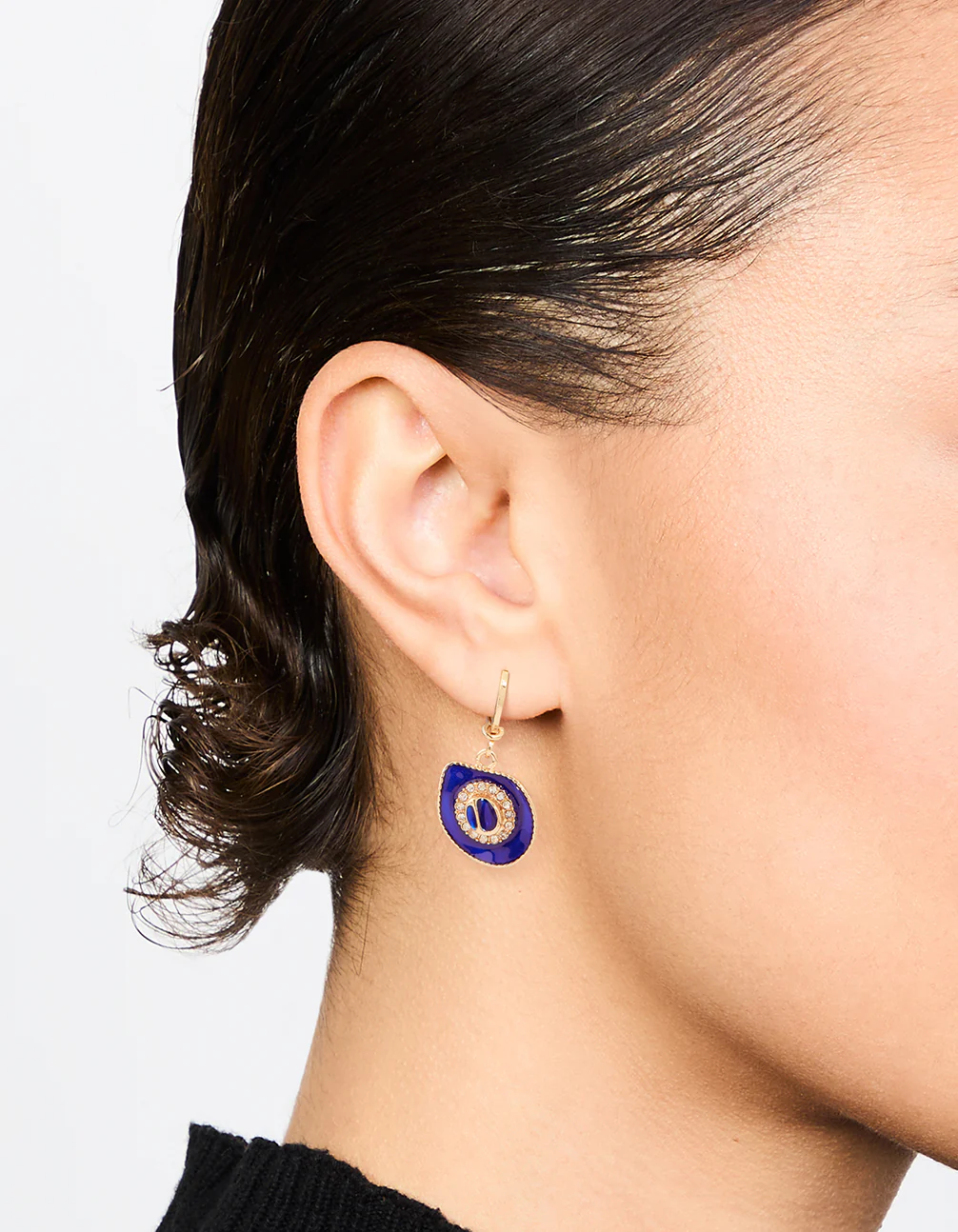 Gold Blue Enamel Mixed Cowgirl Huggie Earrings - Image 2