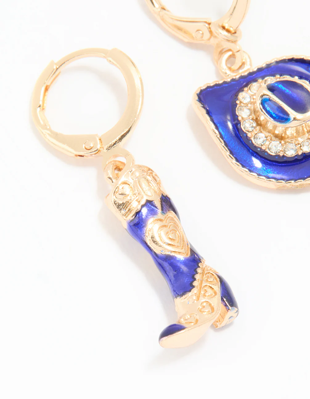 Gold Blue Enamel Mixed Cowgirl Huggie Earrings - Image 4