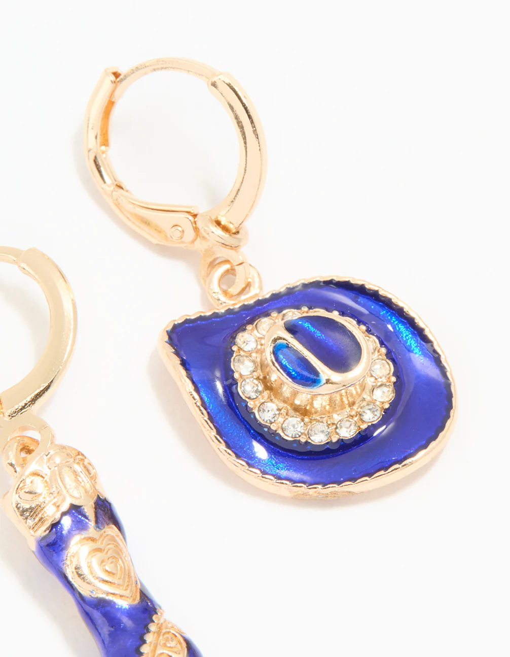 Gold Blue Enamel Mixed Cowgirl Huggie Earrings - Image 5