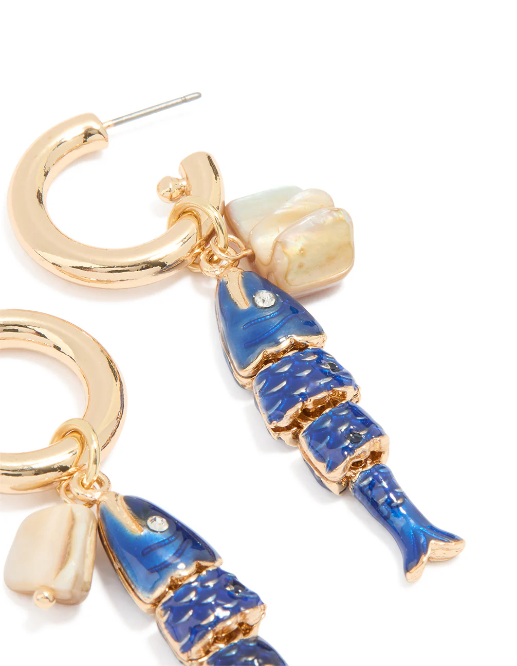 Gold Blue Fish Charm Hoop Earrings - Image 3