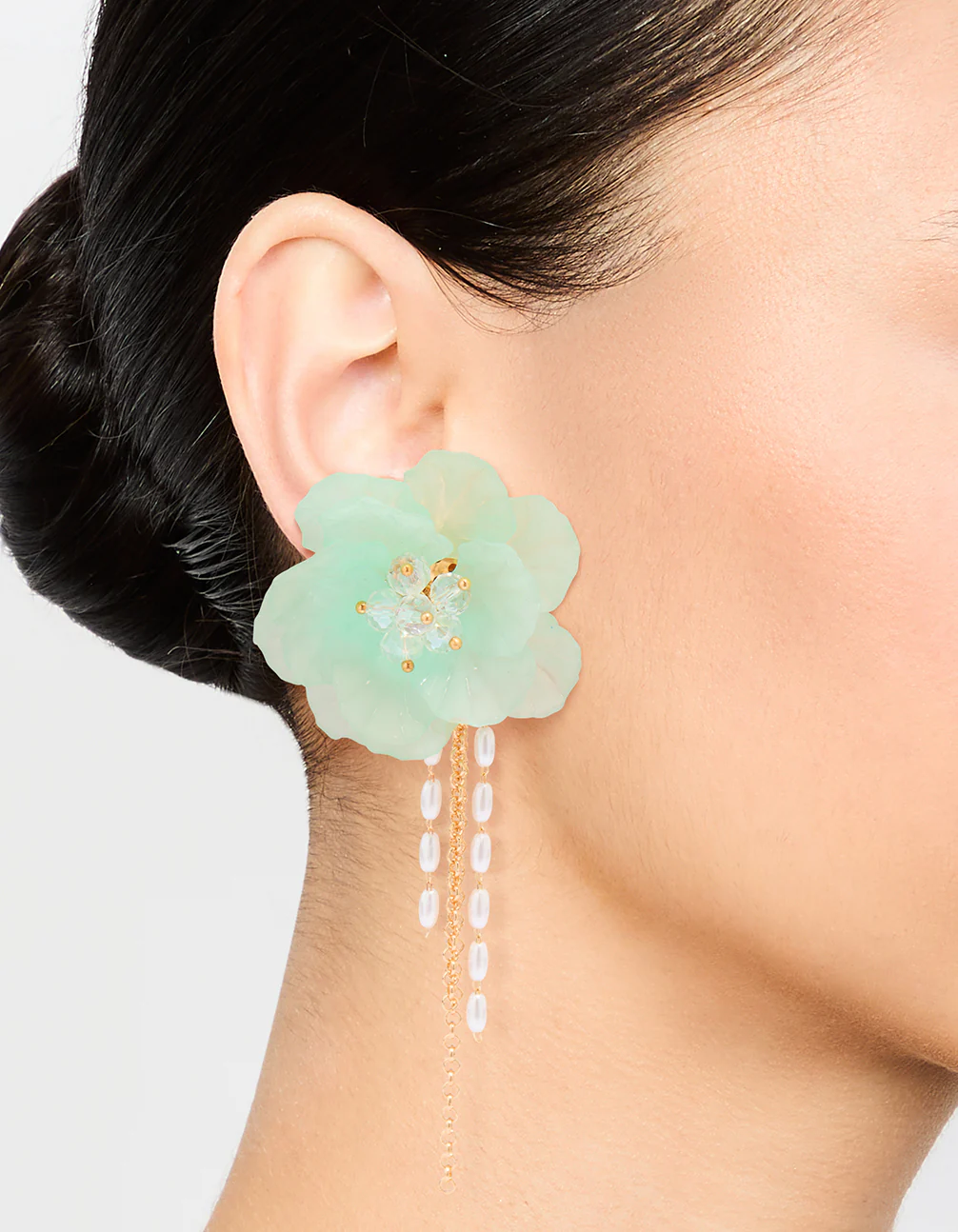 Gold Blue Flower Chain Drop Earrings - Image 2