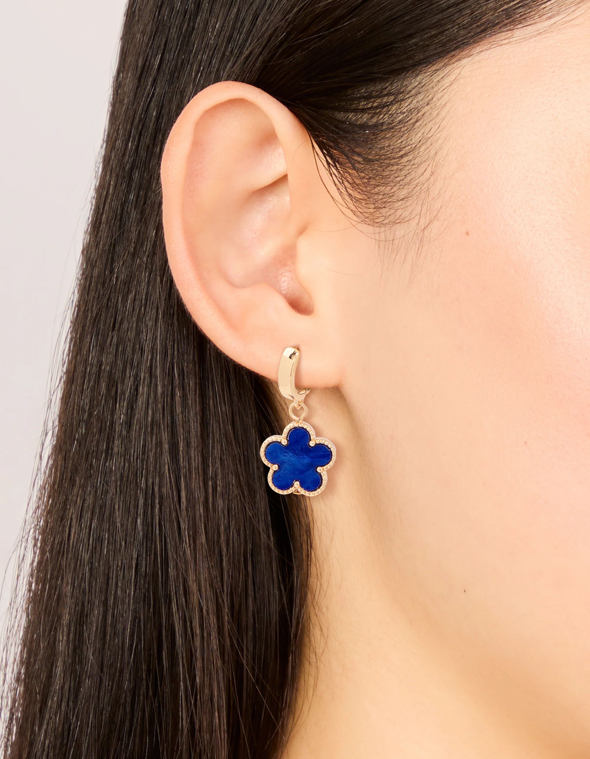 Gold Blue Flower Drop Huggie Earrings - Image 2