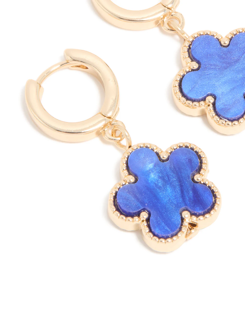 Gold Blue Flower Drop Huggie Earrings - Image 4