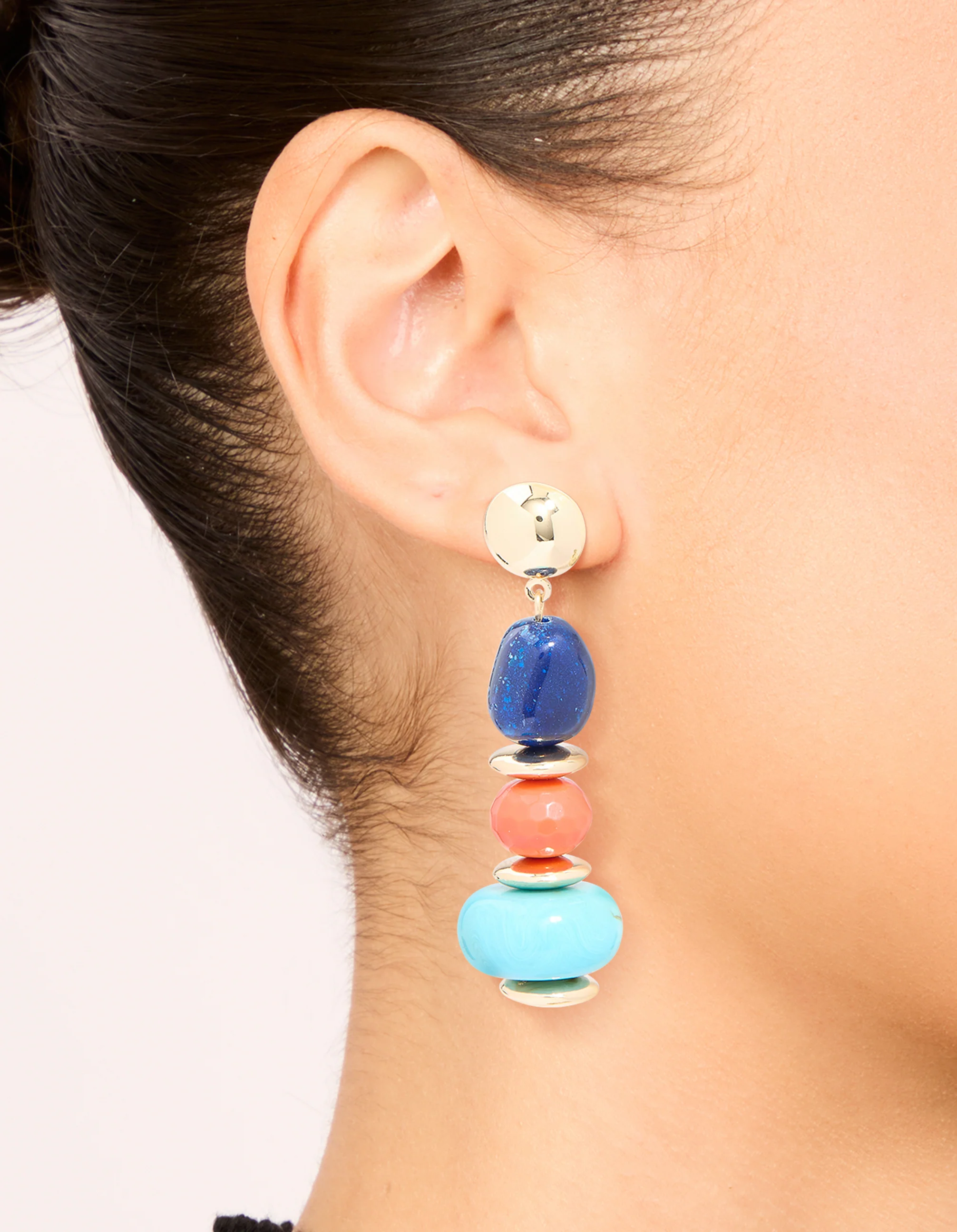 Gold Blue & Orange Acrylic Beaded Drop Stud Earrings - Image 2