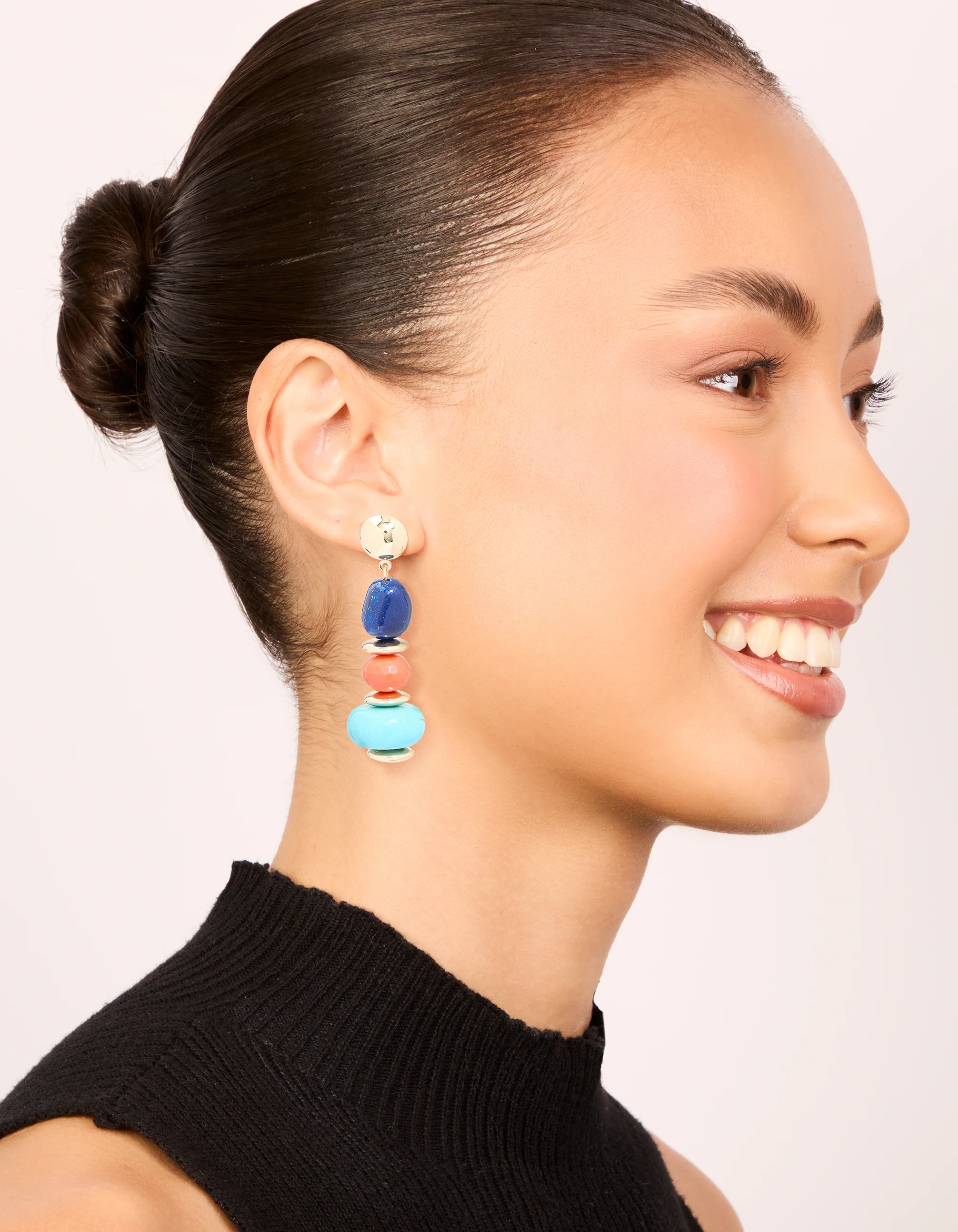Gold Blue & Orange Acrylic Beaded Drop Stud Earrings - Image 3