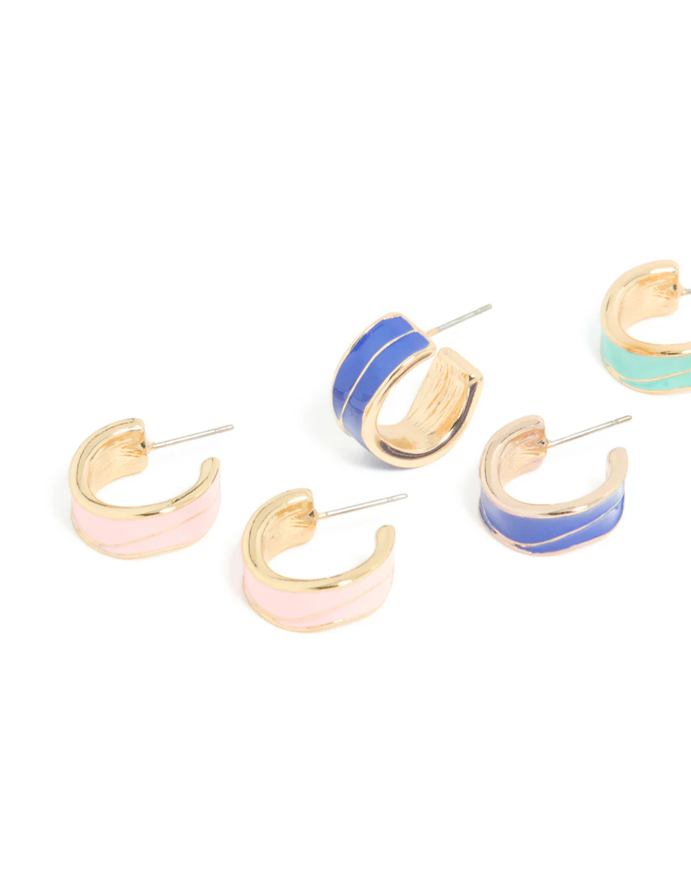 Gold Blue & Pink Enamel Wide Hoop Earrings 4-Pack - Image 2