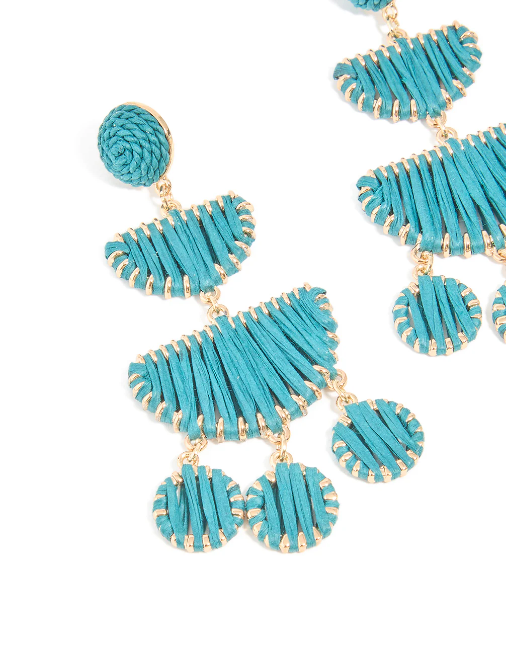 Gold Blue Raffia Crescent Drop Earrings - Image 2