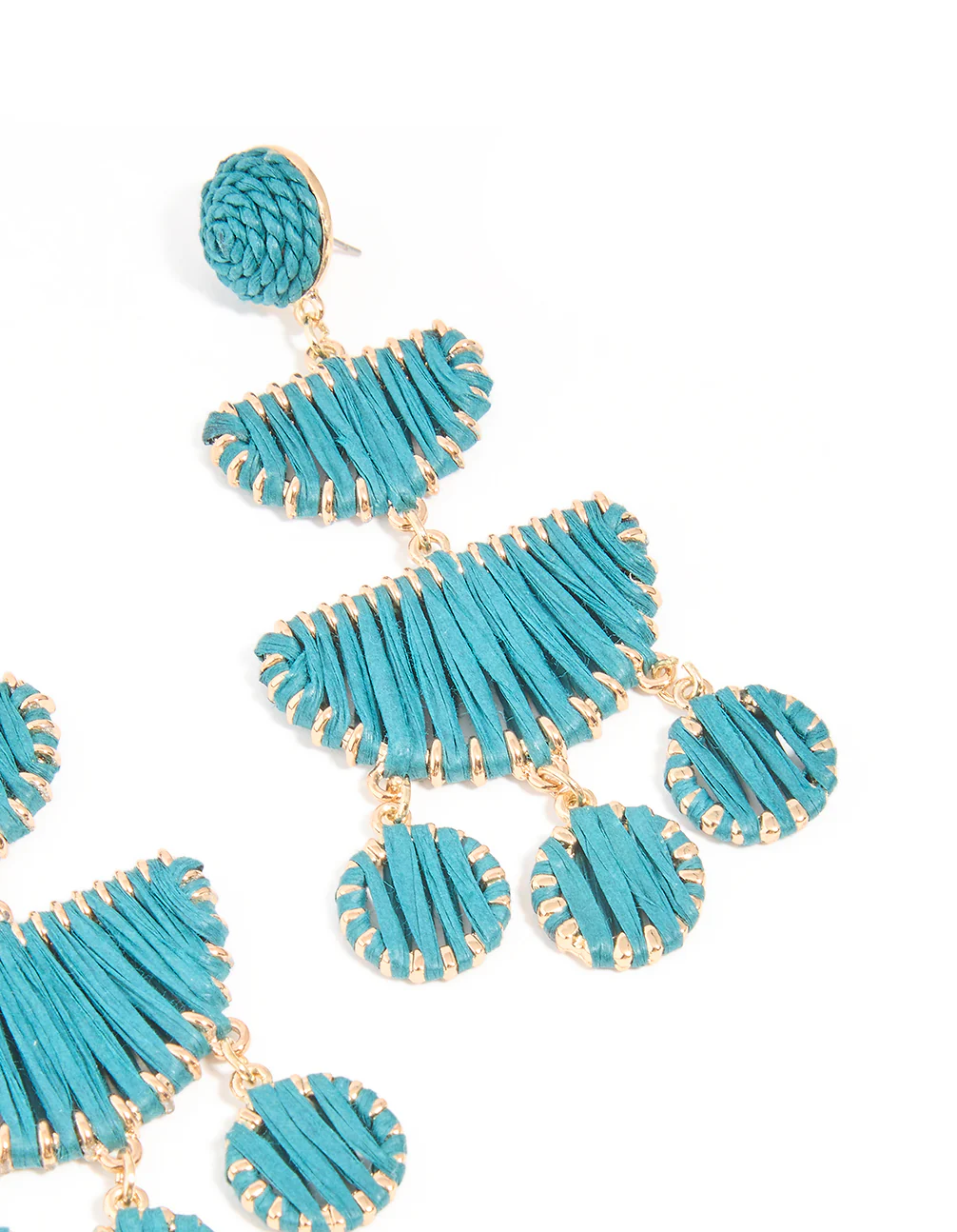 Gold Blue Raffia Crescent Drop Earrings - Image 3