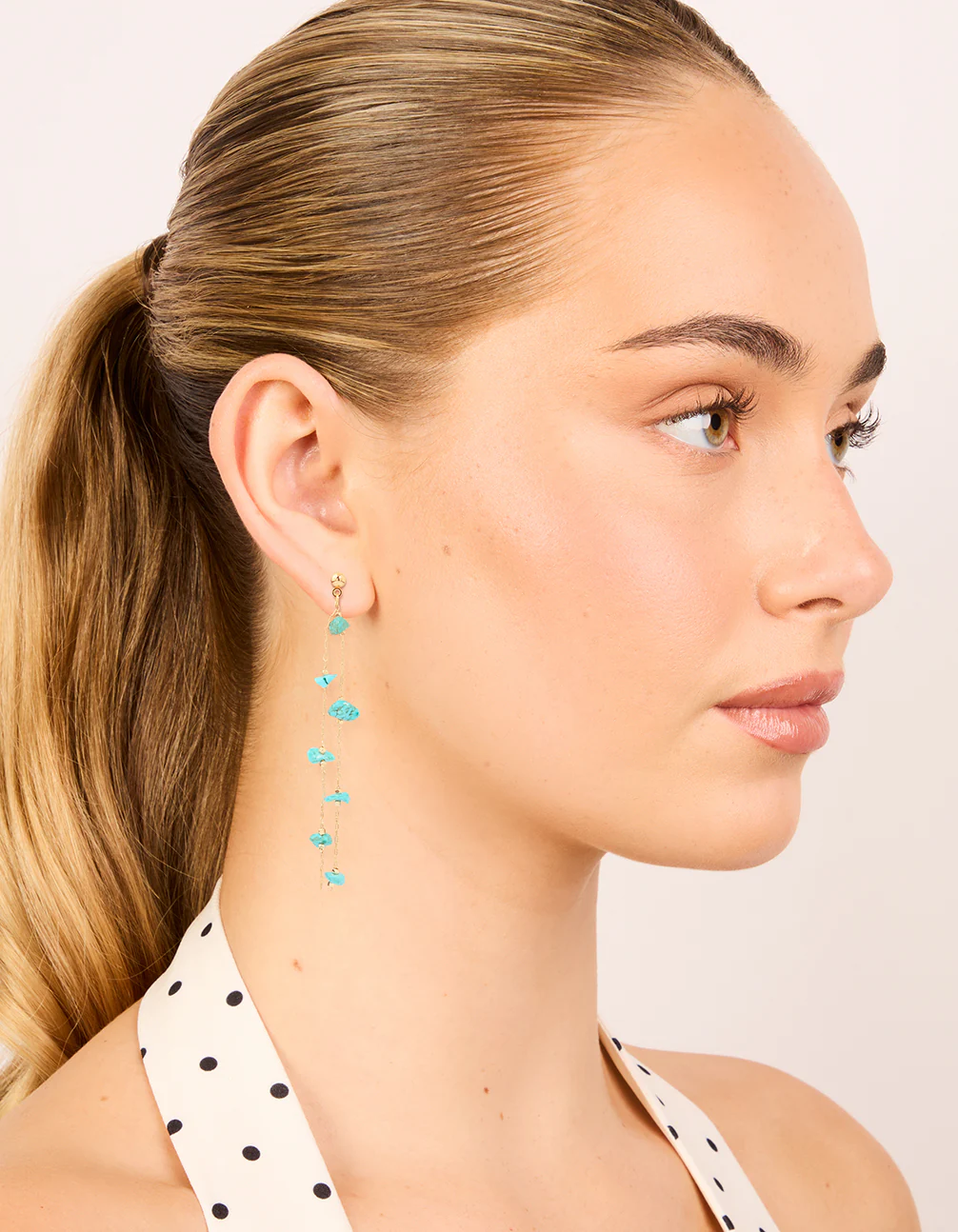 Gold Blue Semi Precious Stone Statement Chain Drop Earrings - Image 3