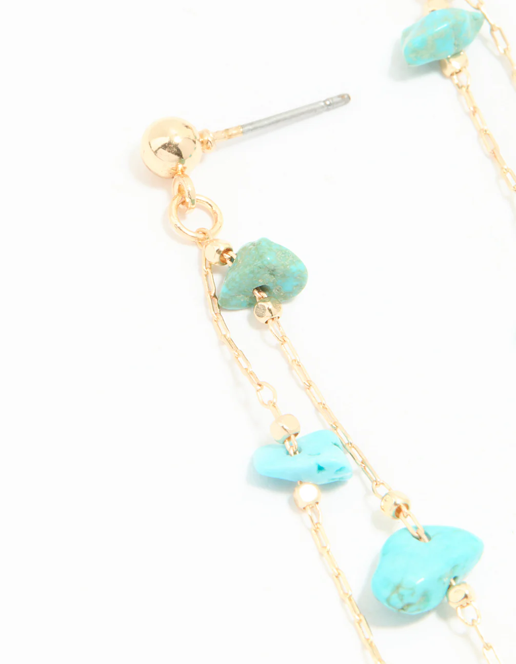 Gold Blue Semi Precious Stone Statement Chain Drop Earrings - Image 4