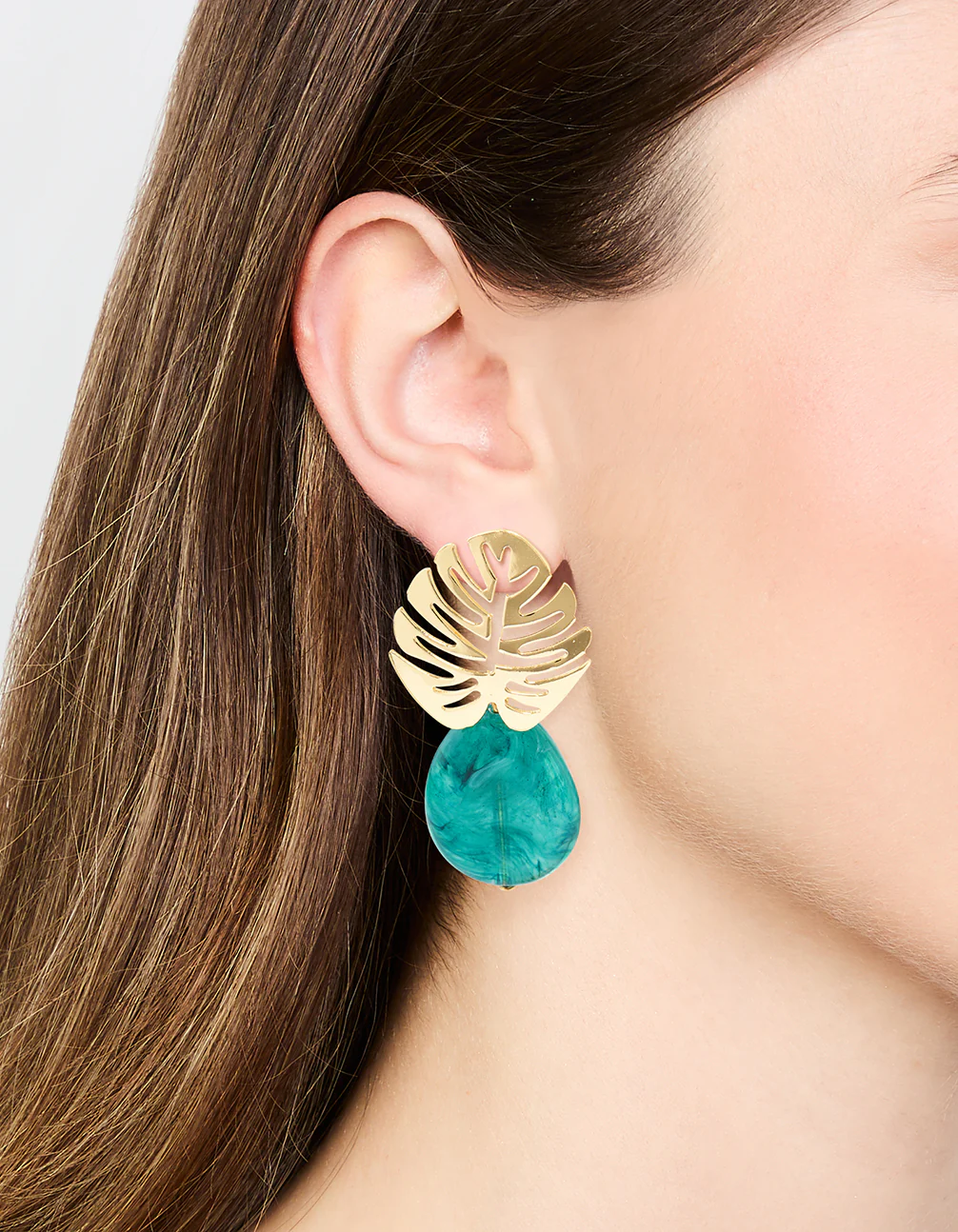 Gold Blue Stone Leaf Drop Earrings - Image 2