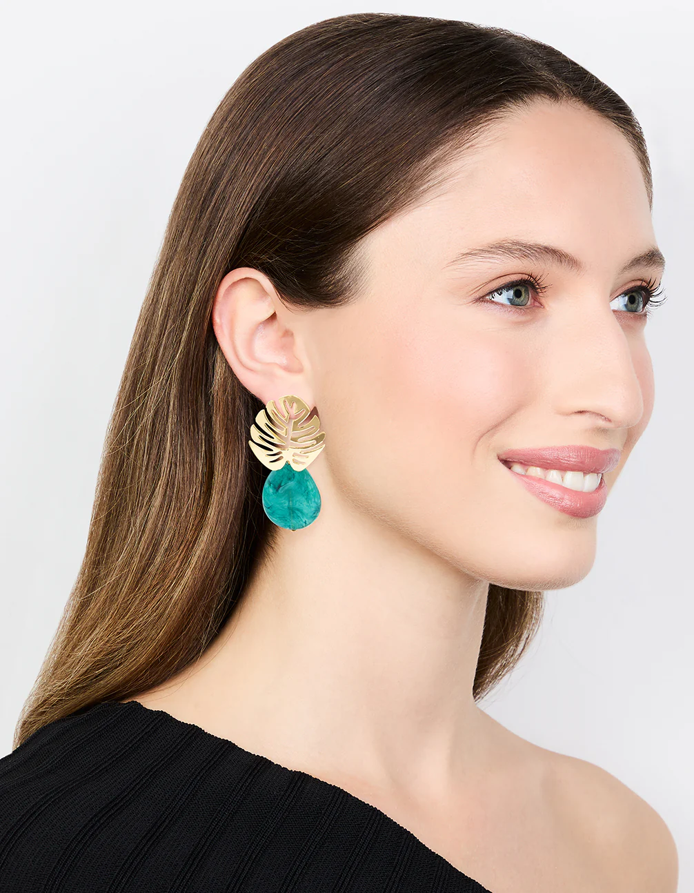 Gold Blue Stone Leaf Drop Earrings - Image 3