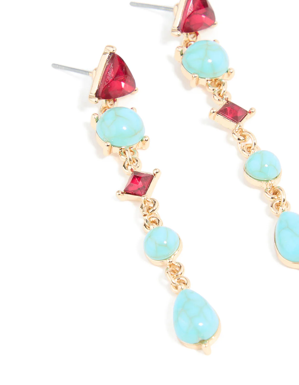 Gold Blue Stone & Red Diamante Aztec Triangle Drop Earrings - Image 4