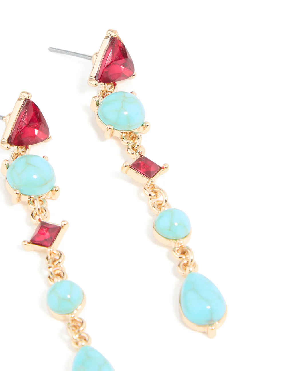 Gold Blue Stone & Red Diamante Aztec Triangle Drop Earrings - Image 5