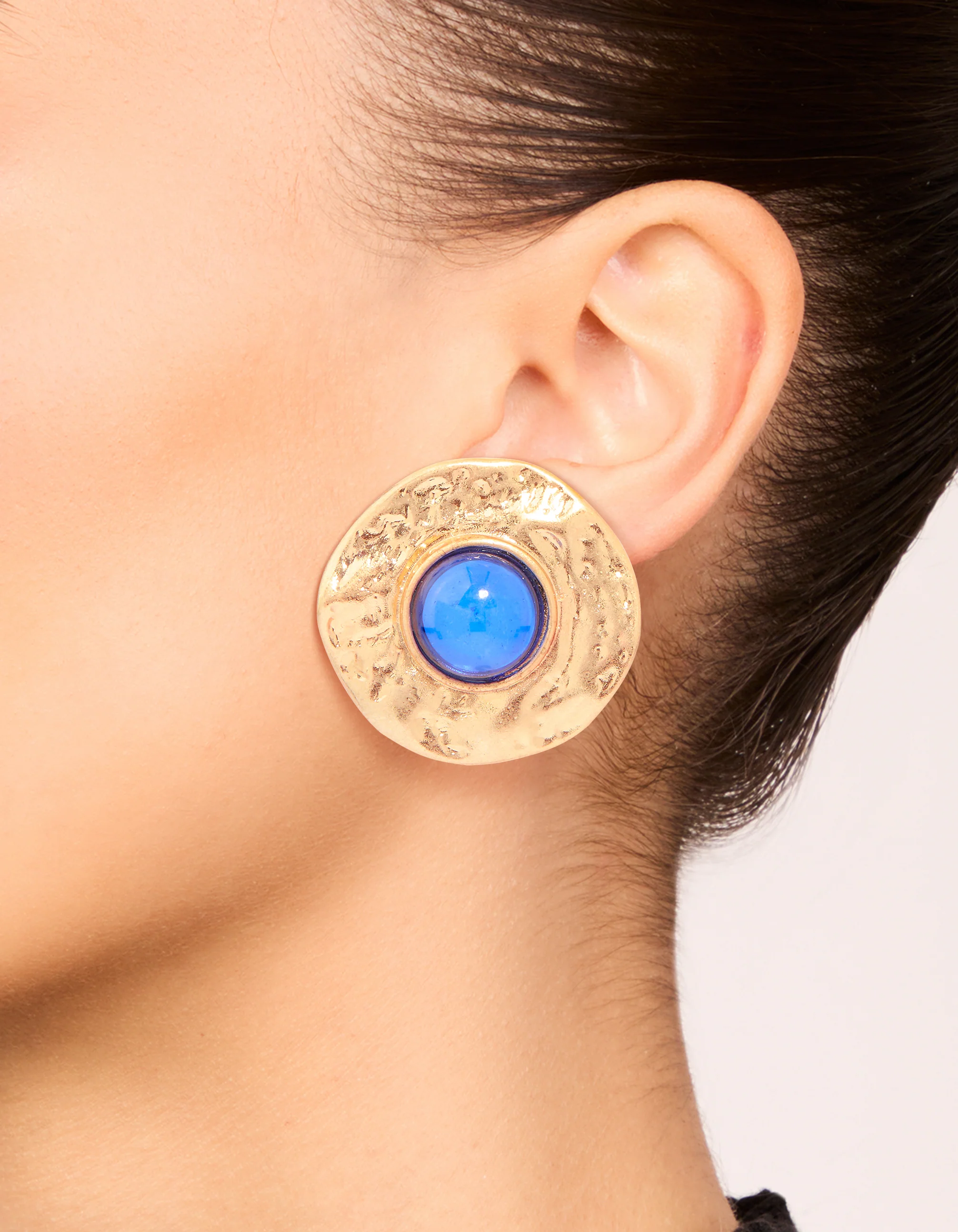 Gold Blue Stone Textured Large Stud Earrings - Image 2