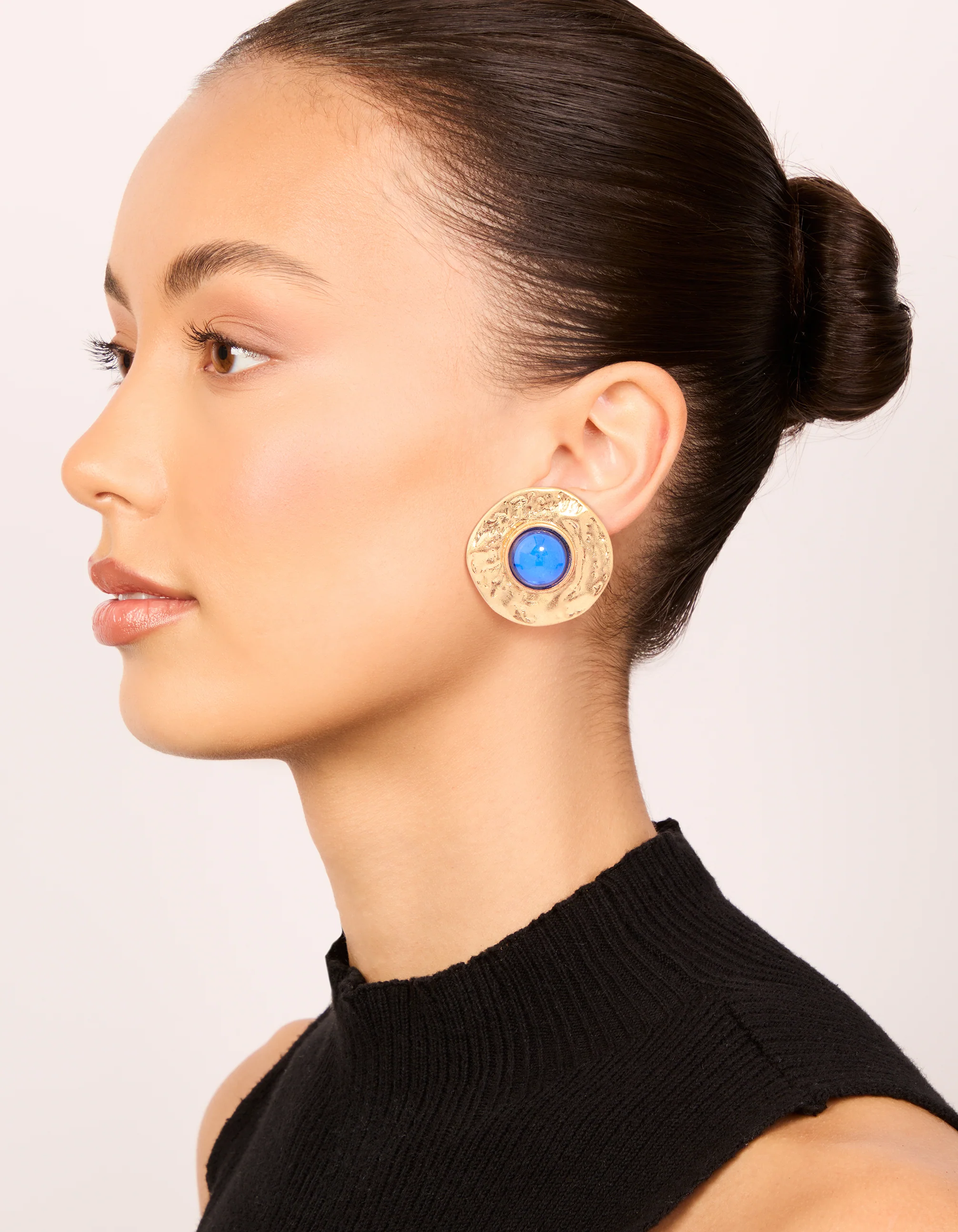 Gold Blue Stone Textured Large Stud Earrings - Image 3