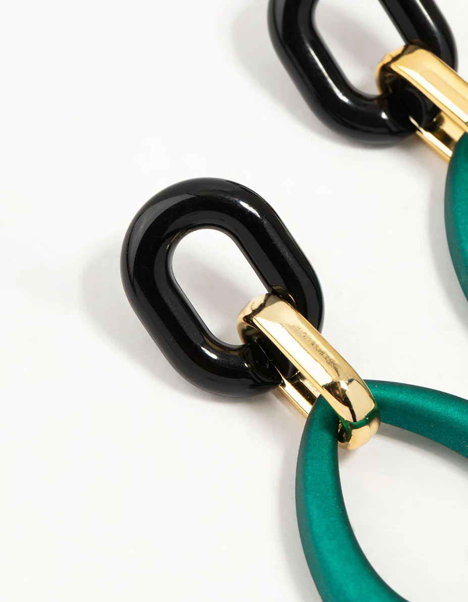 Gold Blue Teardrop Oval Link Drop Earrings - Image 4
