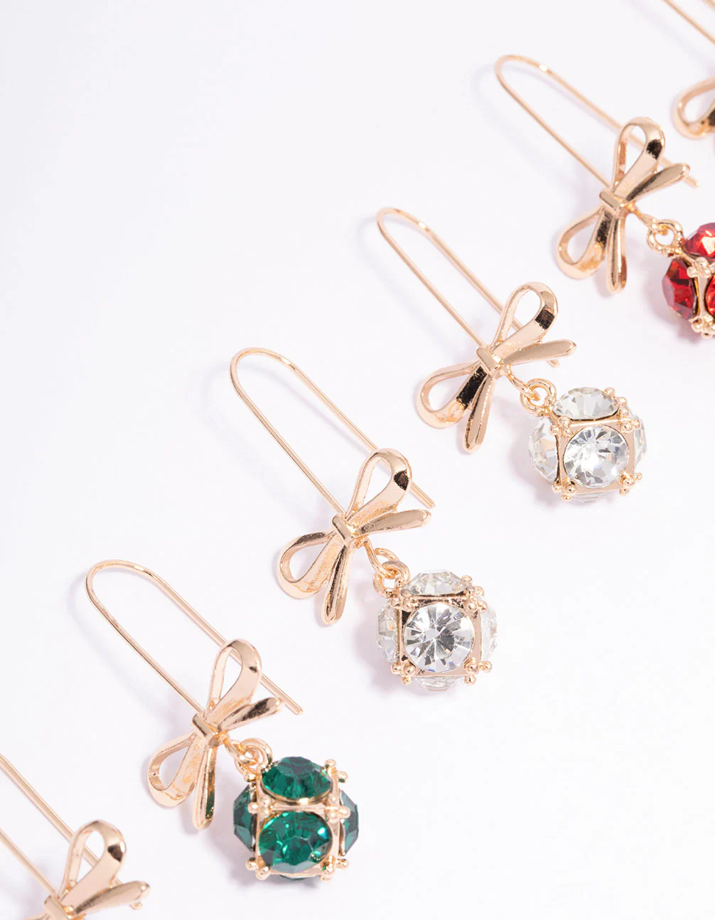 Gold Bow & Multicoloured Diamante Drop Earrings 3-Pack - Image 2