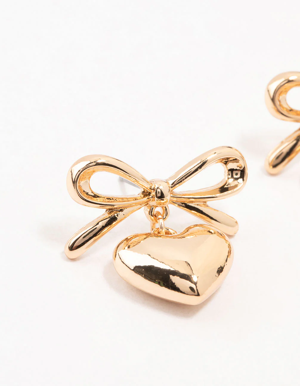 Gold Bow & Puffy Heart Drop Earrings - Image 2