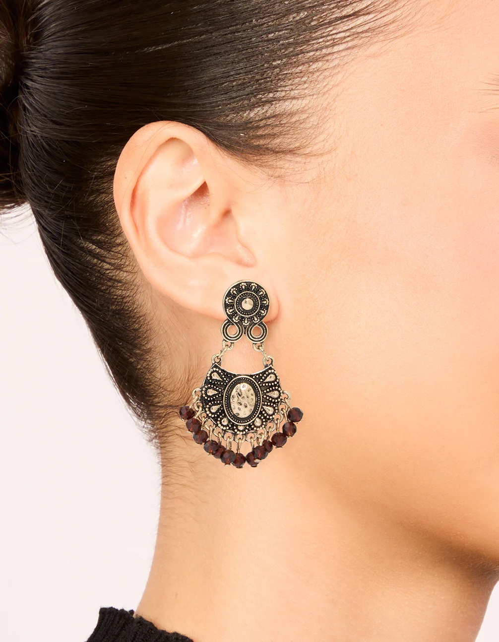 Gold Brown Beaded Drop Earrings - Image 2