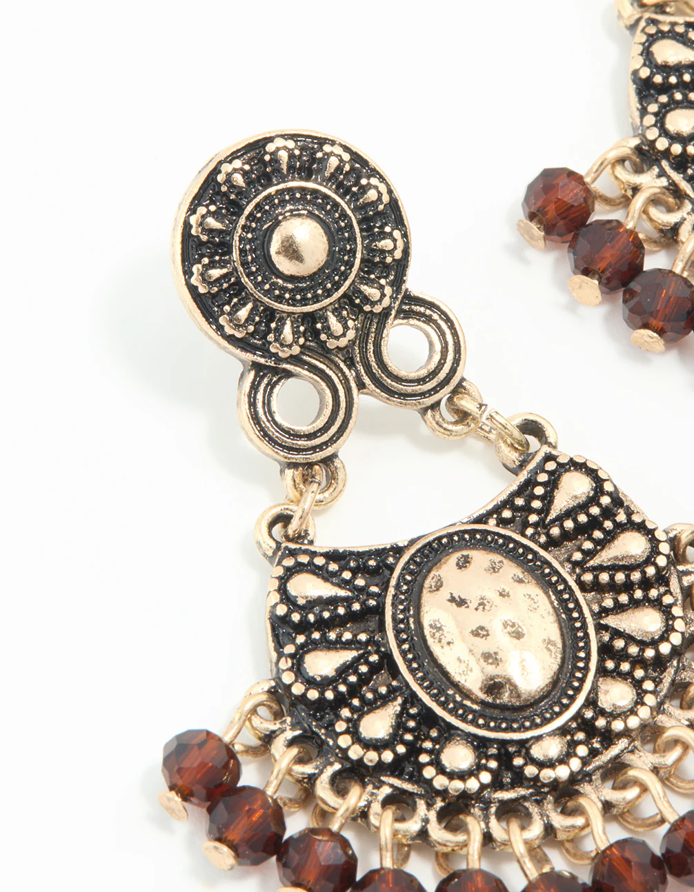 Gold Brown Beaded Drop Earrings - Image 4