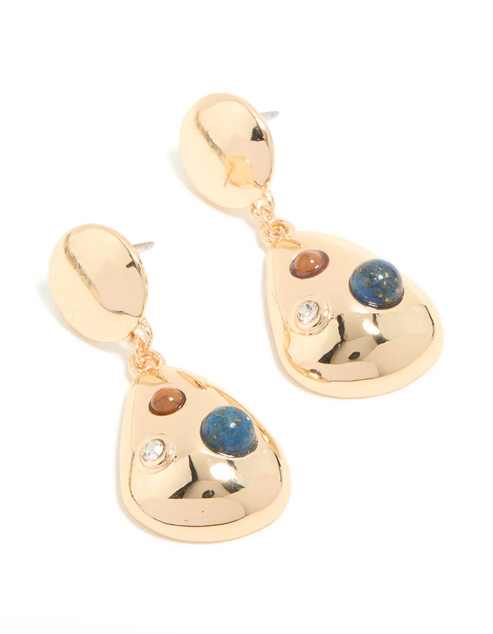 Gold Brown & Blue Stone Spotted Drop Earrings - Image 2